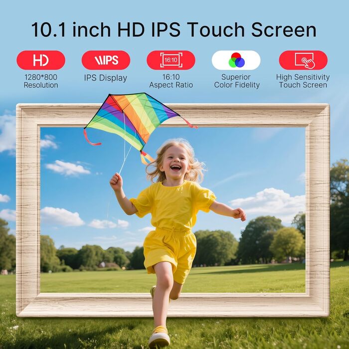 Frameo Цифровий фоторамка 10.1 дюймів, HD 1280*800 IPS сенсорний екран, 32GB пам'ять, автоповорот, Frameo App для обміну фото та відео, білий дерев'яний масив