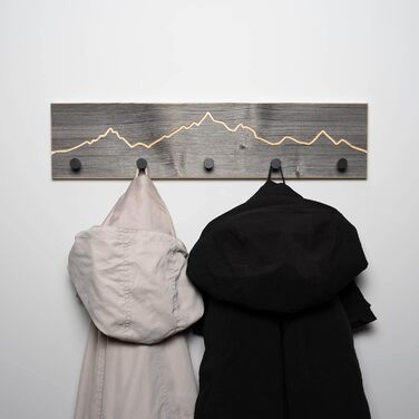 Вішалка для одягу WOODS з відновленої деревини з гірським мотивом ручна робота в Баварії Вішалка для одягу дерев'яна Настінна вішалка з гачком (85 см (7 гачків), чорні гачки)