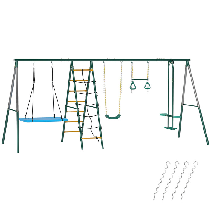 Комплекс для ігор 5-в-1 з регульованою гойдалкою-гніздечком, кільцями для гімнастики, двомісною гойдатю та комплексом для лазіння, призначений для дітей 3-8 років, розміром 440x175x203 см.