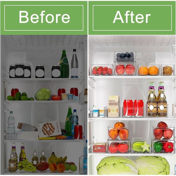 Організатор для холодильника FINEW, 12 шт. (4 маленькі, 4 середні, 4 великі), прозорі контейнери для зберігання, BPA free