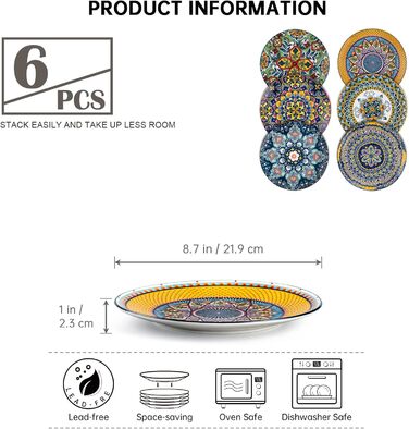 Кольорові порцелянові тарілки для сніданків та десертів, 6 шт. Комплект в богемному стилі, 21
