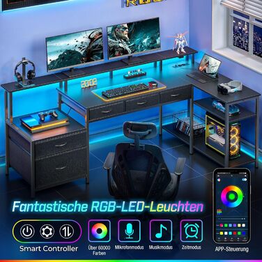 Комп'ютерний стіл Rolanstar L-подібний з шухлядами, геймінговий стіл з розеткою, LED та підставка для монітора 163 см, для офісу, робочого кабінету, спальні, білий (чорний)