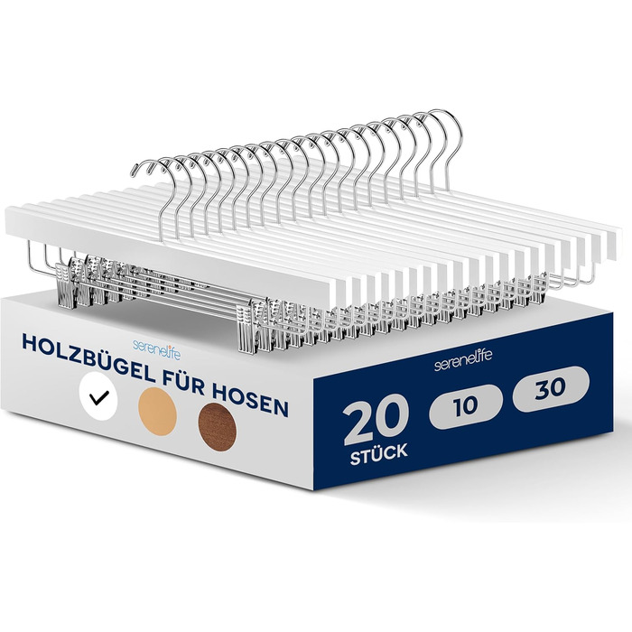 Дерев'яні вішалки для штанів SereneLife з кліпсами (20 шт.), 35,6 x 1,3 x 17 см