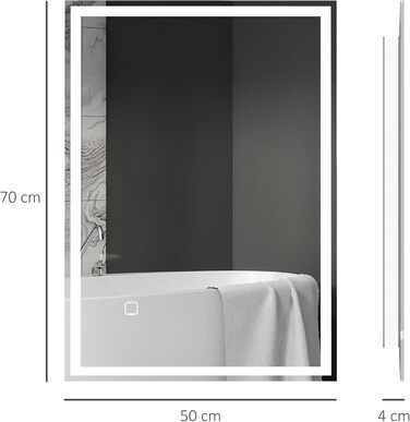 Дзеркало для ванної кімнати HOMCOM з підсвічуванням 70 x 50 см, LED, сенсорне управління, функція пам'яті, 3 кольори світла, антизапарник, срібне