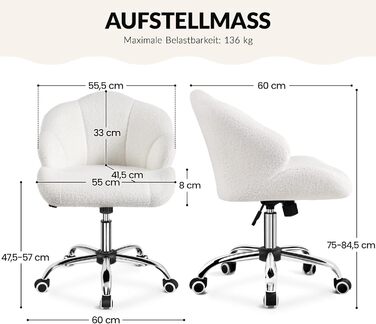 Крісло для дому та офісу Yaheetech, крісло для макіяжу, регульоване по висоті, поворотне, офісне крісло у формі мушлі, крісло з роликами, оксамитове крісло, до 136 кг, білий (сніжно-білий)