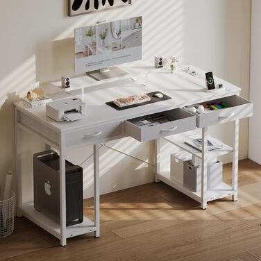 Комп'ютерний стіл Claiks з 3 шухлядами, 120 x 60 см, з полицею, 2 розетки та 2 USB-порти, для офісу та дому, білий