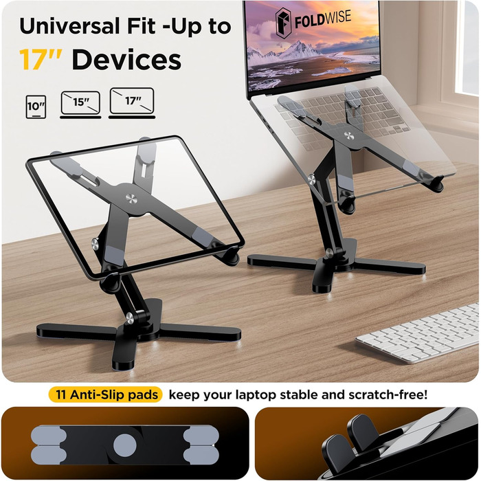 Підставка для ноутбука FoldWise X для столу – алюміній, 360° обертання, складна, регульована по висоті та куту нахилу – стабільна та портативна підставка для ноутбука, MacBook та комп'ютера, 11-18 дюймів (Чорний)