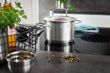 Набір каструль RÖSLE Basic Line 4 шт. з нержавіючої сталі 18/10, склокришки, зручний бортик, індукційне дно, придатний для миття в посудомийній машині, сріблястий/чорний