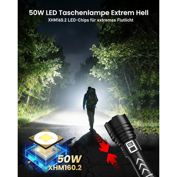 Потужний тактичний ліхтарик Shadowhawk LED 1 000 000 Лм, 50Вт, акумулятор 6000mAh, дальність 1000м, LCD-дисплей, функція розпалювання вогню, чорний — для кемпінгу та виживання