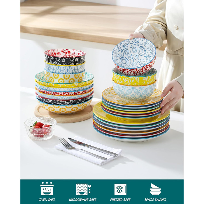 Набір посуду Vancasso Selene для 6 осіб, 24 елементи: тарілки, супові тарілки, миски, десертні тарілки. Пастельне порцелянове покриття, підходить для мікрохвильової печі.