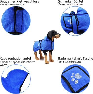 Купальний халат для собак MILEEO для маленьких, середніх і великих собак, універсальний рушник для домашніх тварин, швидковисихаючий купальний халат для домашніх тварин рушник для купання собак з подвійним кишенею ремінь з капюшоном (l, синій), для собак,