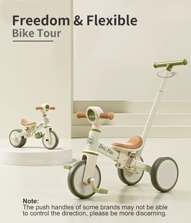 Дитячий біговел-триколіс LOL-FUN 5-в-1 з ручкою для штовхання, зелений оливковий, для хлопчиків та дівчаток від 1 року