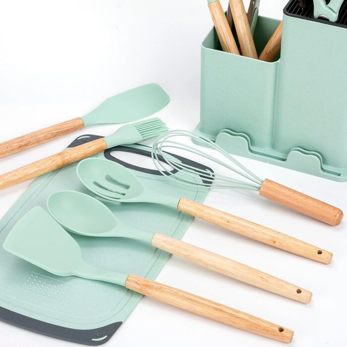 Набір кухонних ножів EliteHoff 19 предметів: 5 ножів, 12 аксесуарів, дошка та підставка – з дерев'яними ручками, безпечний, можна мити в посудомийній машині, чорний (E-6074)