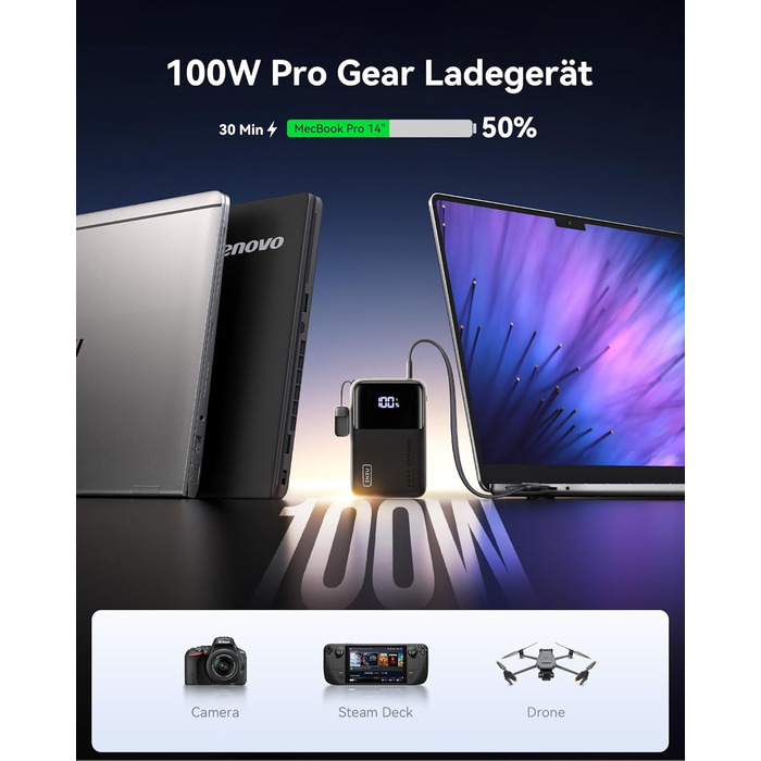 Портативний зарядний акумулятор INIU на 25000mAh, 100W, USB-C, для ноутбуків, телефонів, iPad, DJI, камер, iPhone 17/16/15/14, чорний