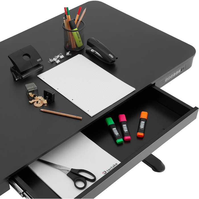 Стіл з електричним регулюванням висоти, 120 х 60 см, ергономічний офісний стіл з висувним ящиком, тачпад з функцією пам'яті система захисту від зіткнень, роз'єми для USB USB-C, чорний, 404316