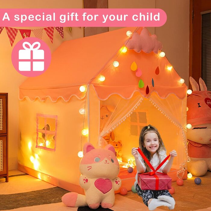 Дитячий намет-ліжко з ліхтариками та прапорцями, рожевий. Ідеально для гри вдома, для хлопчиків та дівчаток. Розміри: 47x40x51 см