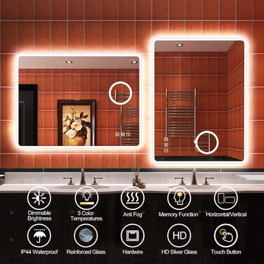 Дзеркало для ванної кімнати S'bagno з підсвічуванням 80x60 см, LED, Bluetooth, 5x збільшення, протитуманне покриття, 3 кольори, регулювання яскравості, пам'ять налаштувань, загартоване скло, IP44, водонепроникність, горизонтальна/вертикальна установка, M66