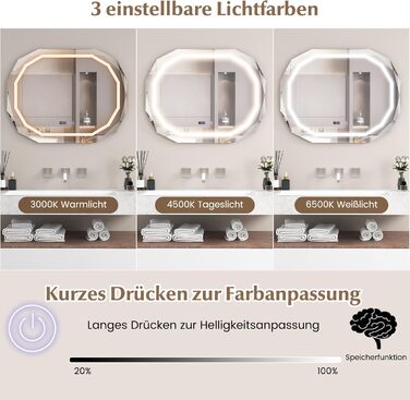 Дзеркало для ванної кімнати GOPLUS з підсвічуванням, 3 кольори світла, антизапар, годинник, температура, функція пам'яті, для ванної та вітальні (Модель 5)