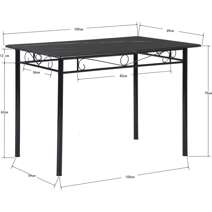 Обідній набір DORAFAIR стіл з чорного мармуру (109см) та 4 стільці, металеві ніжки, для їдальні/вітальні