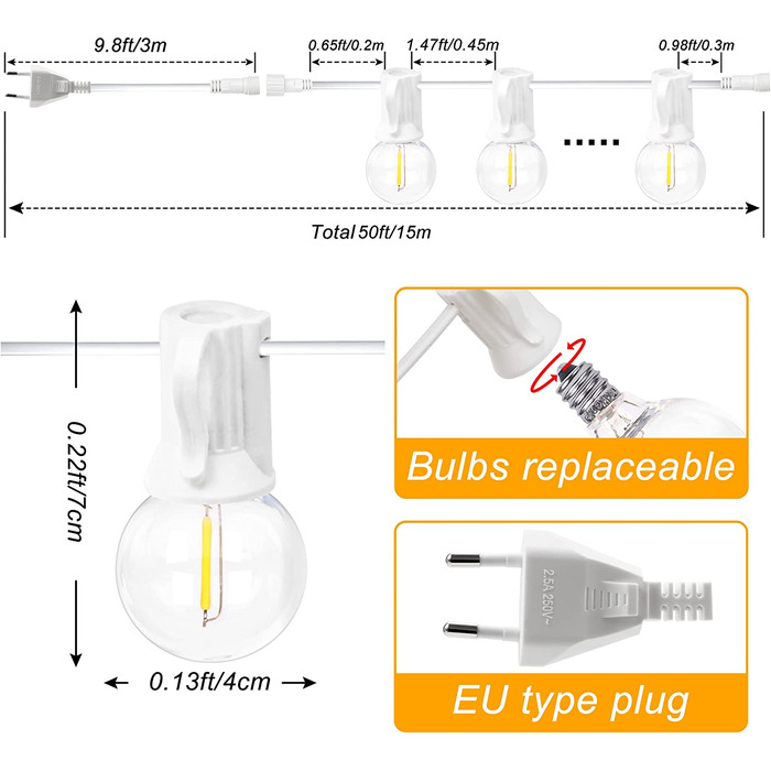 Світлодіодні гірлянди DSLebeen G40 всередині та зовні, 15 м 273 теплі білі лампочки, стійкі до атмосферних впливів, водонепроникні та непорушні гірлянди з виделкою для саду, балкона, весільної вечірки (білий колір 50 футів, білий колір 50 футів)