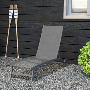 Шезлонг для відпочинку, спинка з 5 рівнями регулювання, дихаюча тканина, алюмінієвий каркас, темно-сірий колір, розміри 195 x 66 x 34 см