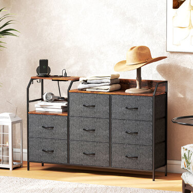 Комод з 8 висувними ящиками з тканини, сталевий каркас, станція заряджання, стиль рустик, колір коричневий+чорний