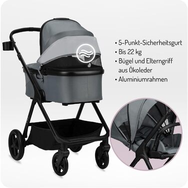 Дитяча коляска MoMi GISELLE 2 в 1 комбінована, сіра, з функцією візка, 5-точкова система безпеки, від народження до 22 кг, з корзиною для покупок, матрацом, дощовиком та пеленатором