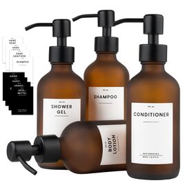 MONOKO Набір дозаторів для мила 4 шт. Чорний матовий, скло, 500 мл | Дозатори для шампуню, мила, кухні, з нержавіючою сталею | Pumpflasche + наклейки