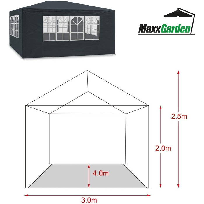 Альтанка MaxxGarden 3x4 м - Садовий намет - шатро - 12м - Захист від ультрафіолету 50 - Водонепроникний - 4 бічні панелі (чорний)