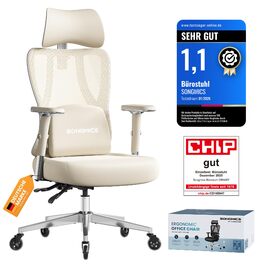 Офісний стіл SONGMICS: ергономічне крісло, ігровий стул, регульована поперекова підтримка, підголовник, підлокітники, для різного зросту, до 150 кг, OBN067BH01 (Верблюжий + Хмарний білий)