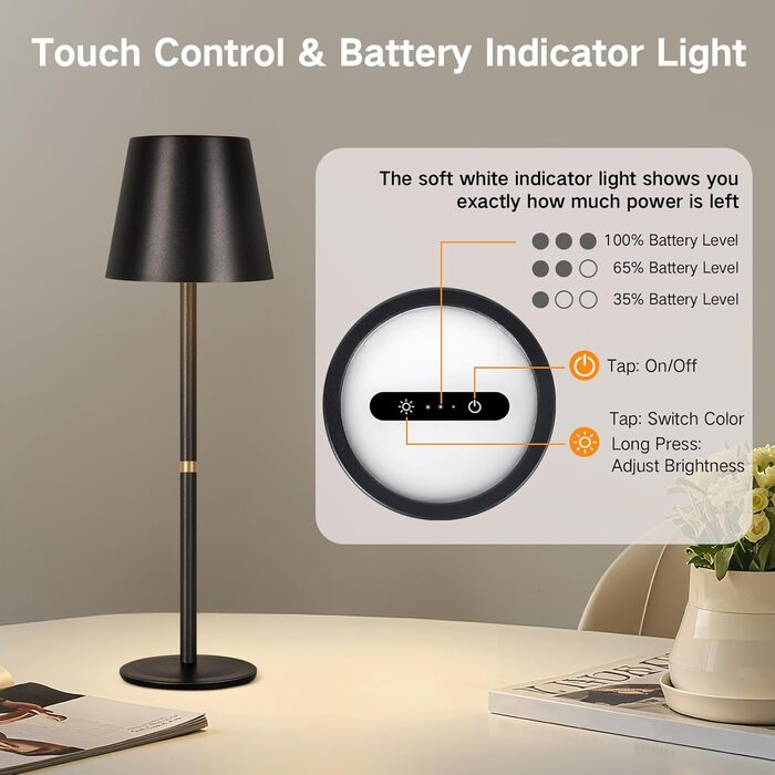 LED-лампа настільна OUTON 2 шт. бездротова з LED-індикатором, сенсорне керування, 3 колірні температури, USB-C зарядка, IP54 водостійкість, 30 годин роботи – для дому та на подарунок, чорний