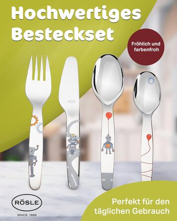 Набір дитячого посуду RÖSLE Kinderbesteck – 4 предмети з нержавіючої сталі 18/10, для дітей від 3 років, безпечний, можна мити в посудомийній машині, чудовий подарунок на хрещення, дизайн 'Маленький робот'
