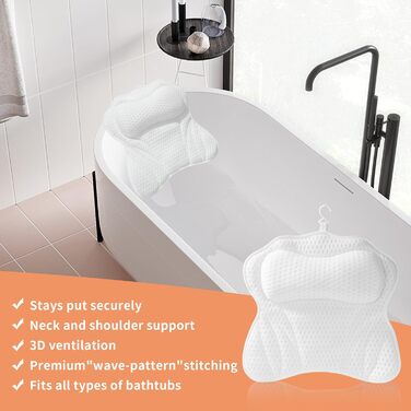 Підголовник для ванни з 6 присосками, 4D-Air Mesh, підтримка голови, шиї, плечей, спини, для всіх ванн (білий)
