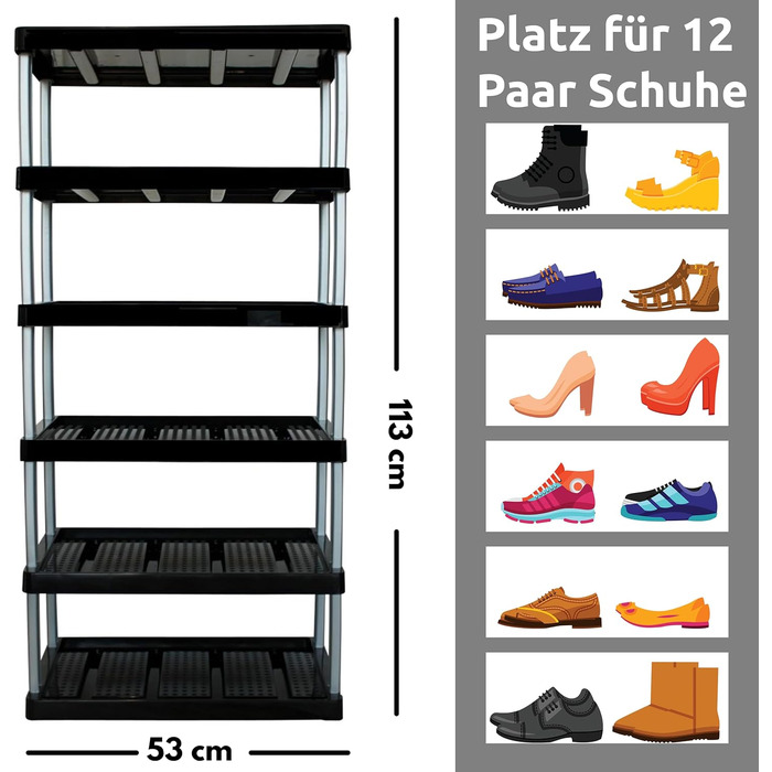 Підставка для взуття 6 рівнів, 12 пар, 113x53x36.5 см, необмежене розширення, чорна