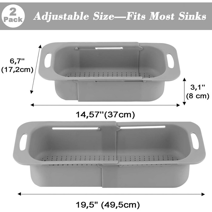 Кошик для друшляка, зливна раковина для друшляка, ідеально підходить для фруктів та овочів, макаронних виробів, без вмісту BPA (17 Ш x 37 49,5 Д x 8 В) см - Сірий, 2 шт.
