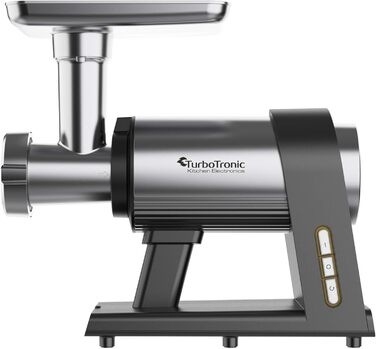 Електрична м'ясоподрібнювач TurboTronic Samurai 2600W з набором аксесуарів: для ковбас, печива, кеббе та подрібнення овочів. Корпус з нержавіючої сталі, металеве редукторне зчеплення.