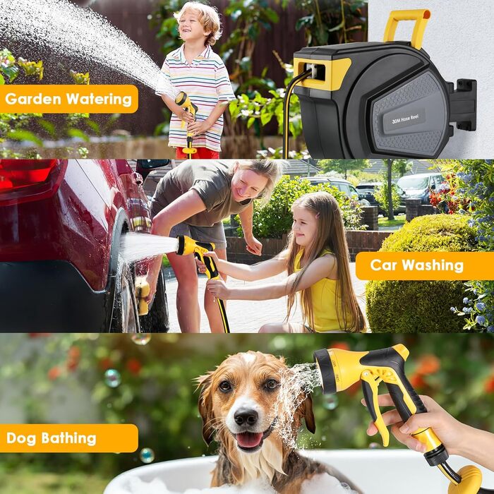 Шланговий барабан з шлангом для саду з автоматичним змотуванням, поворотний на 180°, настінна шланговий бокс з ручною лійкою (9 функцій), для поливу та миття авто (чорно-жовтий, 30м)