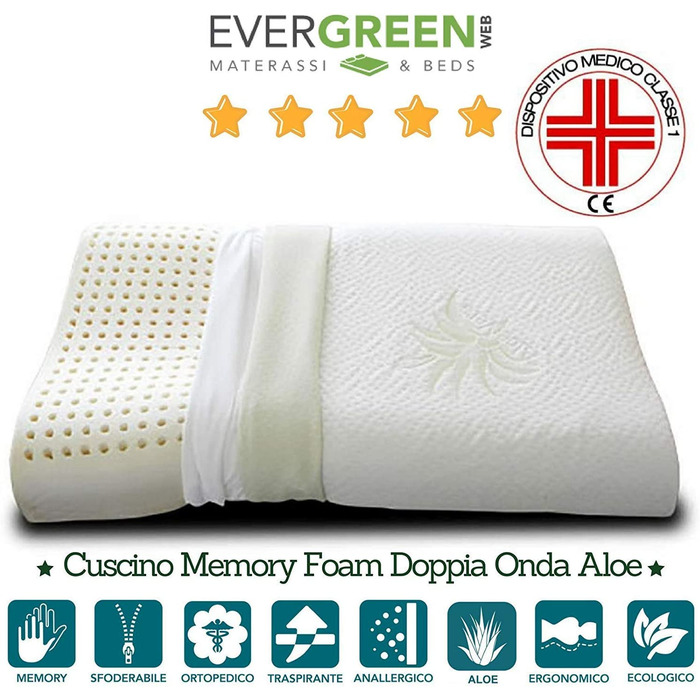 Ортопедичні подушки EVERGREENWEB 2 шт. з віскоеластичної піни 40x70x12 см (2 шт.) - Made in Italy