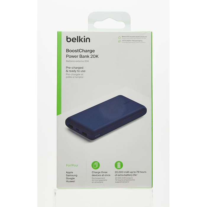 Повербанк Belkin 20K, 20 000 мАг, USB-C/USB-A, включаючи кабель, для iPhone, Galaxy, Pixel - синій