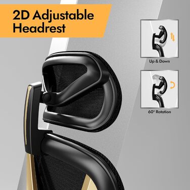 Ергономічне крісло для офісу та дому з 3D поперековою підтримкою та регульованими підлокітниками, біле (чорно-золоте)