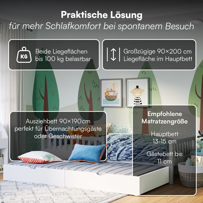 Ліжко дитяче Bellabino Vils 90x200 см – ліжко для малюків з бортиками, ламелі, Монтессорі, з масиву сосни, біле, для хлопчиків та дівчаток, з місцем для зберігання, з гостьовим ліжком, з матрацом