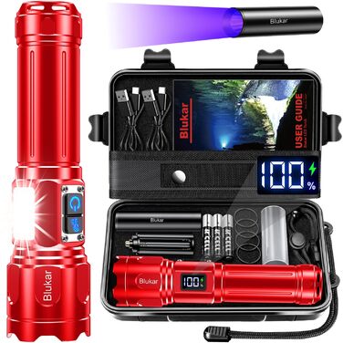 Ліхтарик Blukar LED з двома кольорами температури, бічне COB-світло, акумуляторний, яскравий, з регулюванням яскравості та зумом, 7 режимів, водонепроникний, для кемпінгу та надзвичайних ситуацій (Червоний)