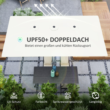 Подвійна парасолька Outsunny з кривошипом 451 x 264 см, захист від ультрафіолету 50+ парасолька, вітрозахисна садова парасолька Балконна парасолька Алюмінієвий ринок Сонцезахисний захист для балкона патіо Сад кремовий білий