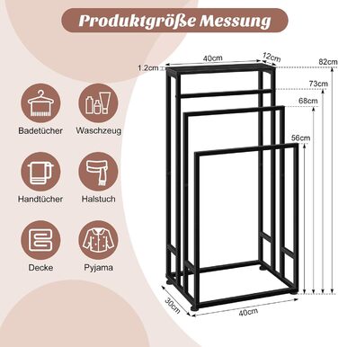 Підставка для рушників Smusei, чорна вінтажна, 3-ярусна, з полицею з дерева, 40x30x82 см