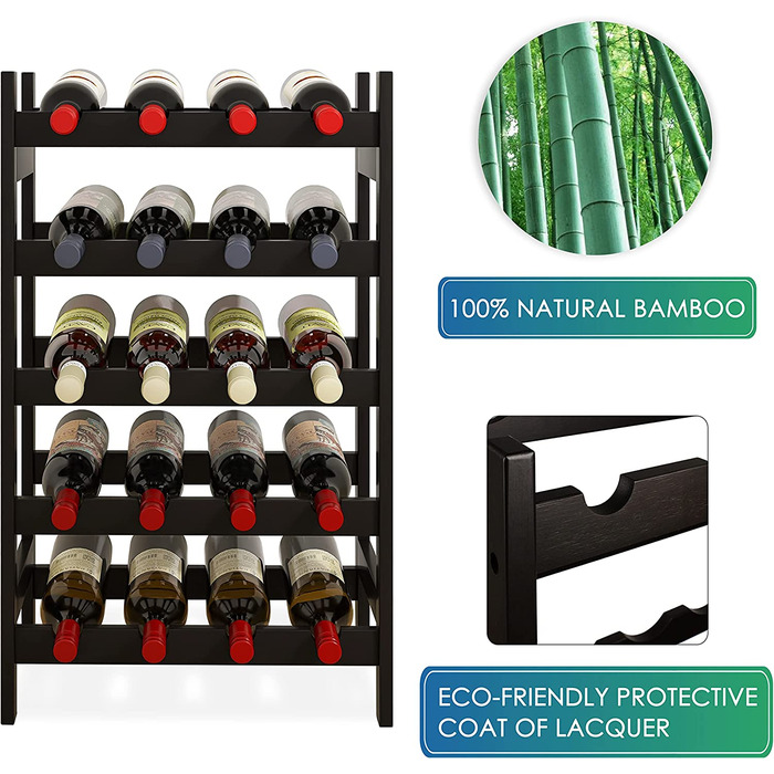 Стильна полиця для вина SMIBUY з бамбука на 20 пляшок, 5-ярусна, чорного кольору