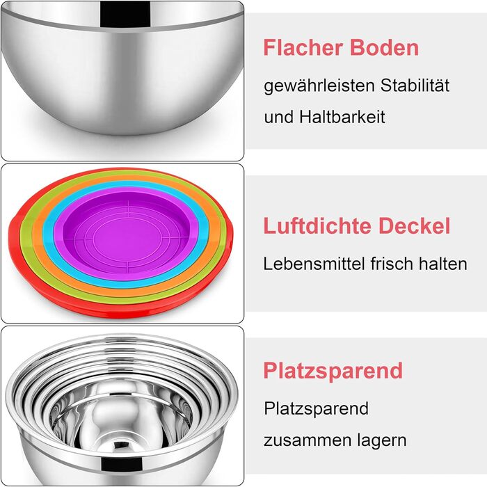 Миска Herogo з кришкою, набір салатників з нержавіючої сталі 5шт, розмір 4,5 л/2,7 л/1,5 л/1,2 л/0,7 л, штабельована миска для змішування та подачі на кухні, включає посуд для випічки, барвистий посудомийну машину, який можна мити в посудомийній машині