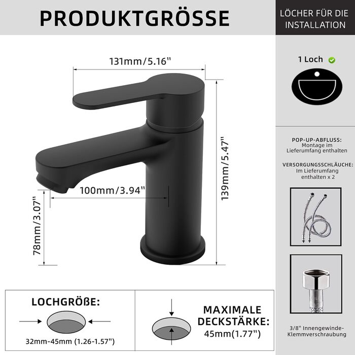 Змішувач для ванної кімнати BELZ, одноручний, для умивальника, хром (Black), водозберігаючий, енергозберігаючий, висота виливу 78 мм