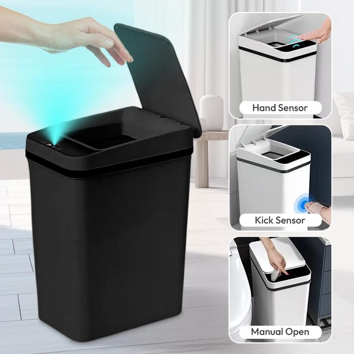 Чорний автоматичний смітник 8L з датчиком - для ванної кімнати, кухні, безшумний, сенсорний, вологостійкий