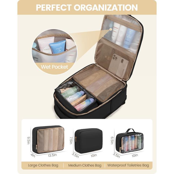 LOVEVOOK Рюкзак для ручної поклажі, 40L, для подорожей, з відділенням для взуття та ноутбука 17 дюймів, водонепроникний, для жінок