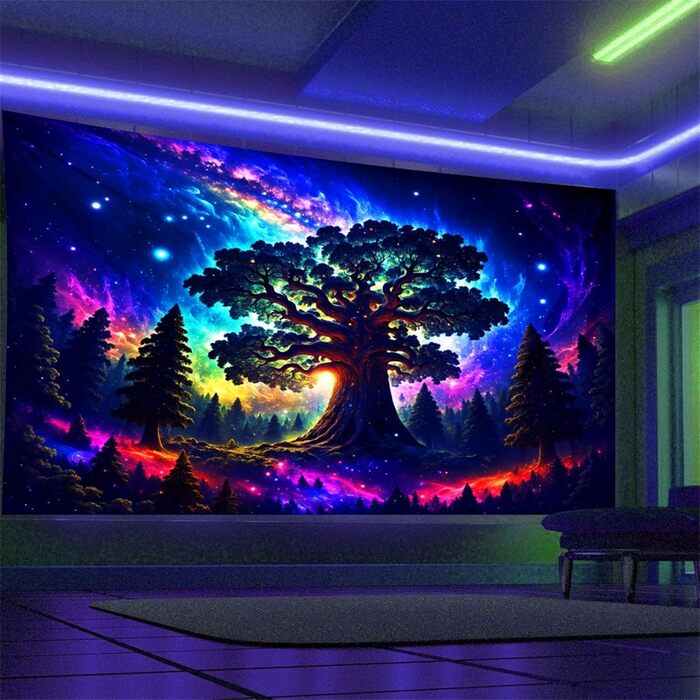 Гобелен з ультрафіолетовим випромінюванням Arsey Blacklight Forest Trippy, галактика Tree Stars, XXL 300x180см, різнокольоровий